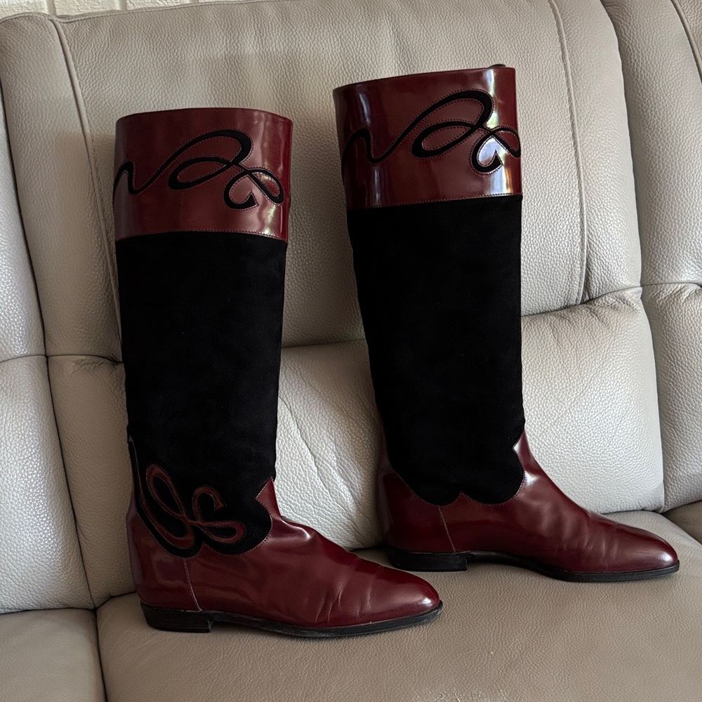 Vintage Bally burgundy and black riding style boots. Size 37 1/2. Made in Italy - Picture 2 of 9